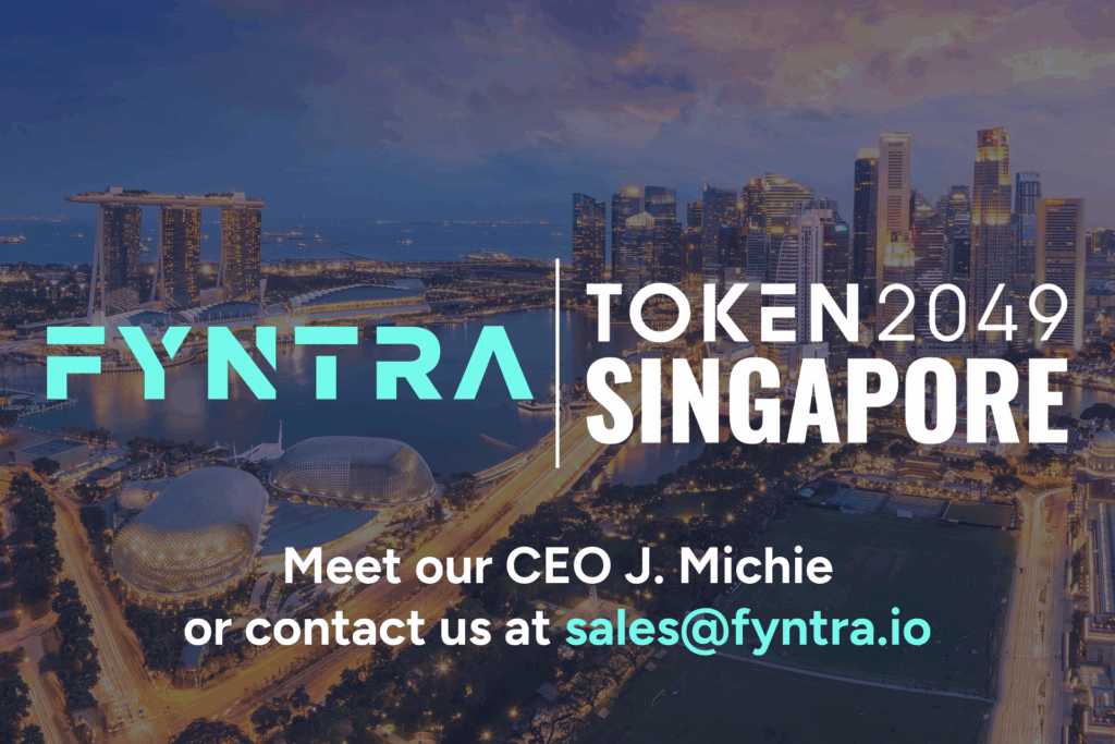 The TOKEN 2049 logo with the FYNTRA logo, along with information regarding meeting company CEO J Michie.